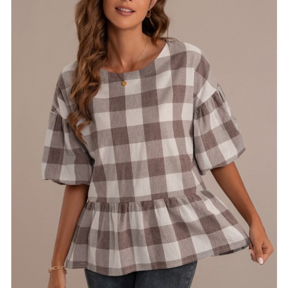 EUC andthewhy Boutique‎ Plaid Babydoll Balloon Sleeve Blouse Top Size Small